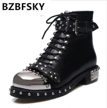 

BZBFSKY Punk Genuine Leather Boots Women Rivets Square Heels Autumn Winter Ankle Boots Sexy Shoes Woman Motorcycle Snow Boots