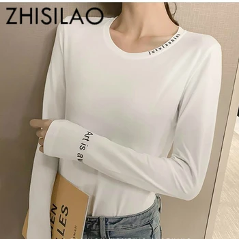 

Fashion Women Slim Long Sleeve T Shirt Womens Tops 2019 Spring Summer Solid Cotton White T-shirt Slim O-neck Casual Tee Femme