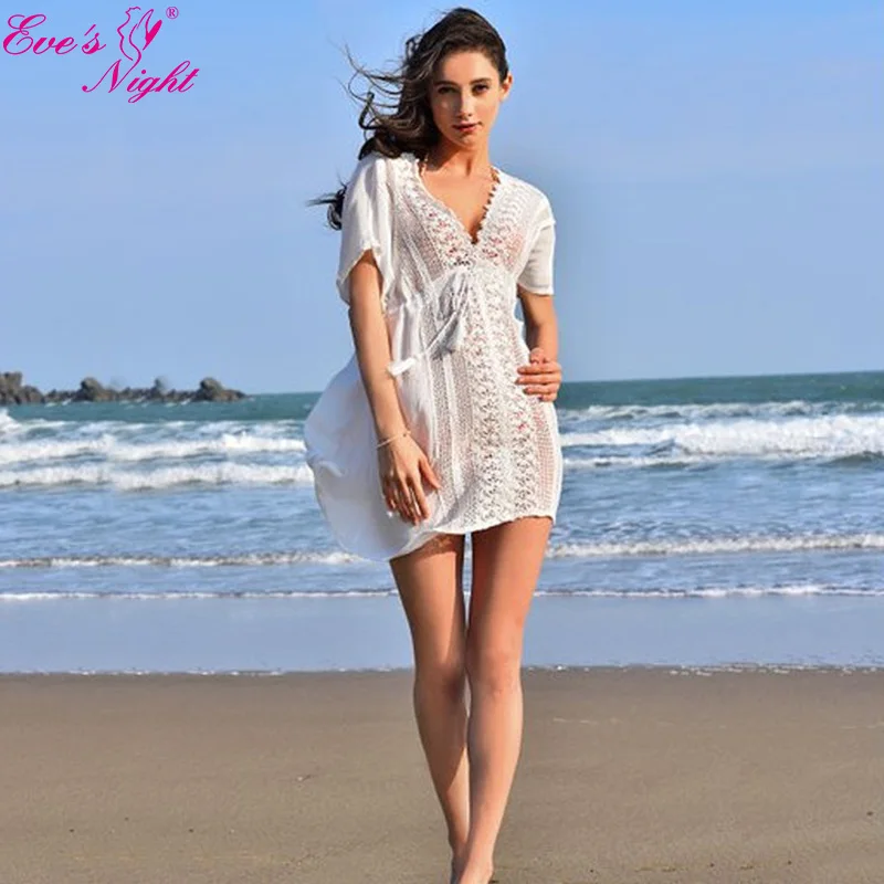 

Summer Beach Hollow Out Mini Dress Women Casual Deep V Neck Short Sleeve Tunic Cover-ups Empire Waist Floral Lace Vestido Gown