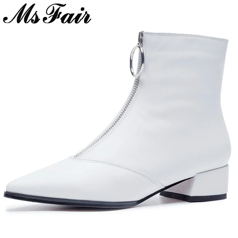 

MSFAIR Women Boots 2018 Fashion Genuine Leather Ankle Boots Women Shoes Med Heel Square heel Boot Shoes Zipper Boots For Girl