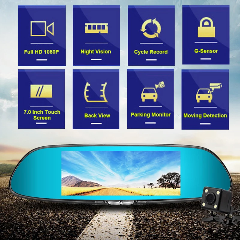 

7.0 Inch IPS Touch Video Recorder Camera Car DVR Full HD 1080P Dual Lens with Rear View Camera Auto Registrator Dash Camera