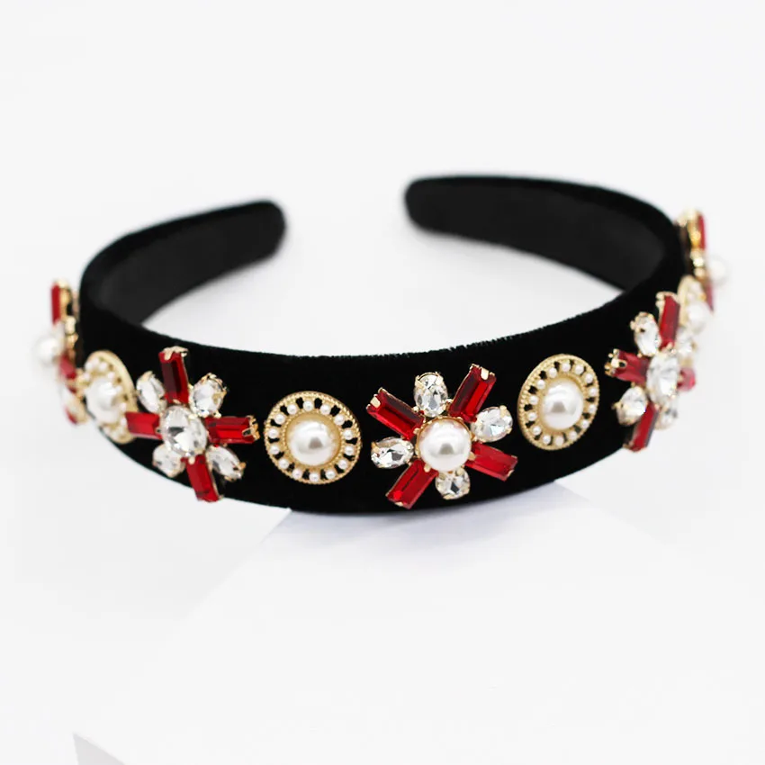 

Black Fascinator Baroque Headband for Women Pearl and Diamond Hairband Jewel Head Wraps Vintage Hair Accessories Flowers Gold