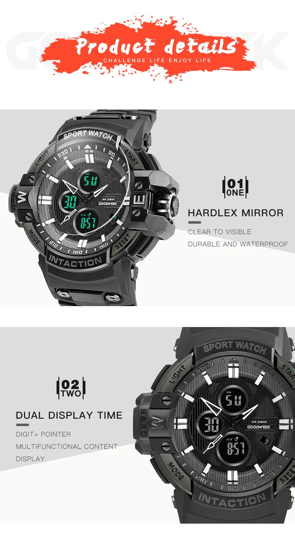 GOODWEEK многофункциональные военные мужские спортивные часы водонепроницаемые ударные светодиодные цифровые часы двойной дисплей часы Reloj Hombre