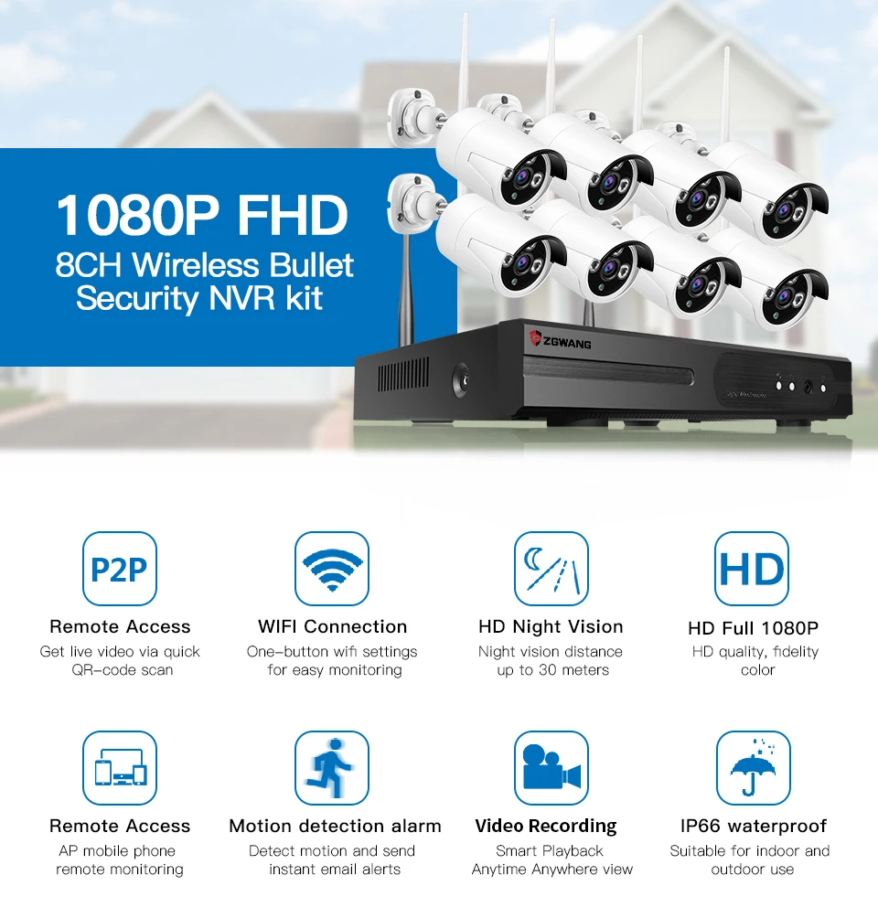 ZGWANG 2MP 8CH Беспроводная CCTV камера система безопасности комплект Водонепроницаемая 1080 P безопасность домашнего офиса IP камера система наблюдения