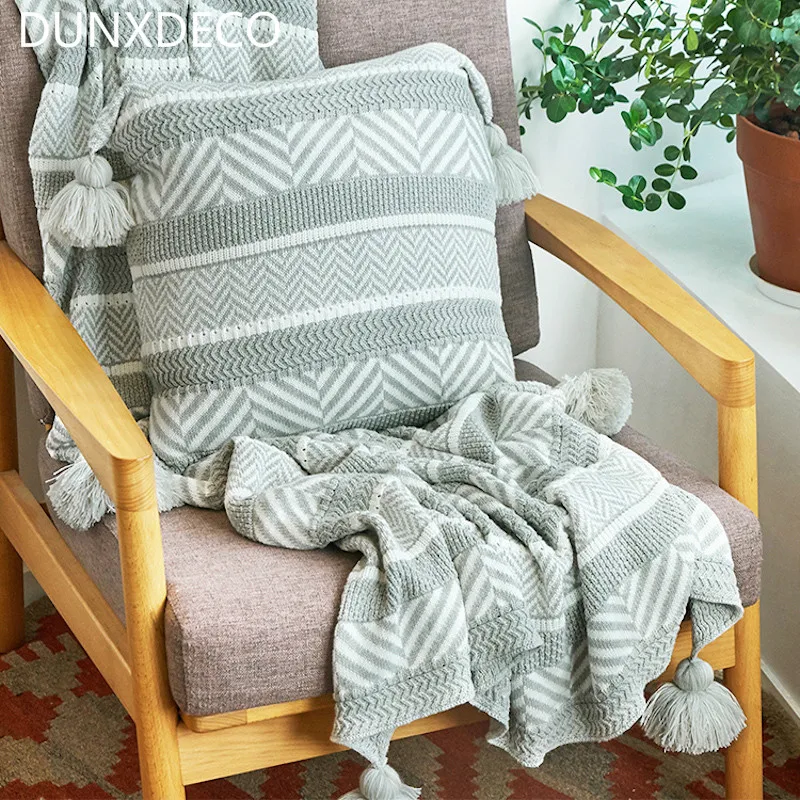 

DUNXDECO Cushion Cover Cotton Knitting Blanket Square Pillow Case Nordic Simple Geometric Jacquard Herringbone Wave Bedding Deco