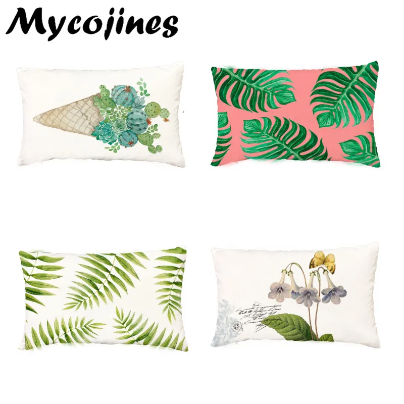 

Green Plant Monstera Palm Leaf Cushion Cover 30*50cm Vintage Bird Flower Cactus Throw Pillow Case Decor Living Room Office Couch
