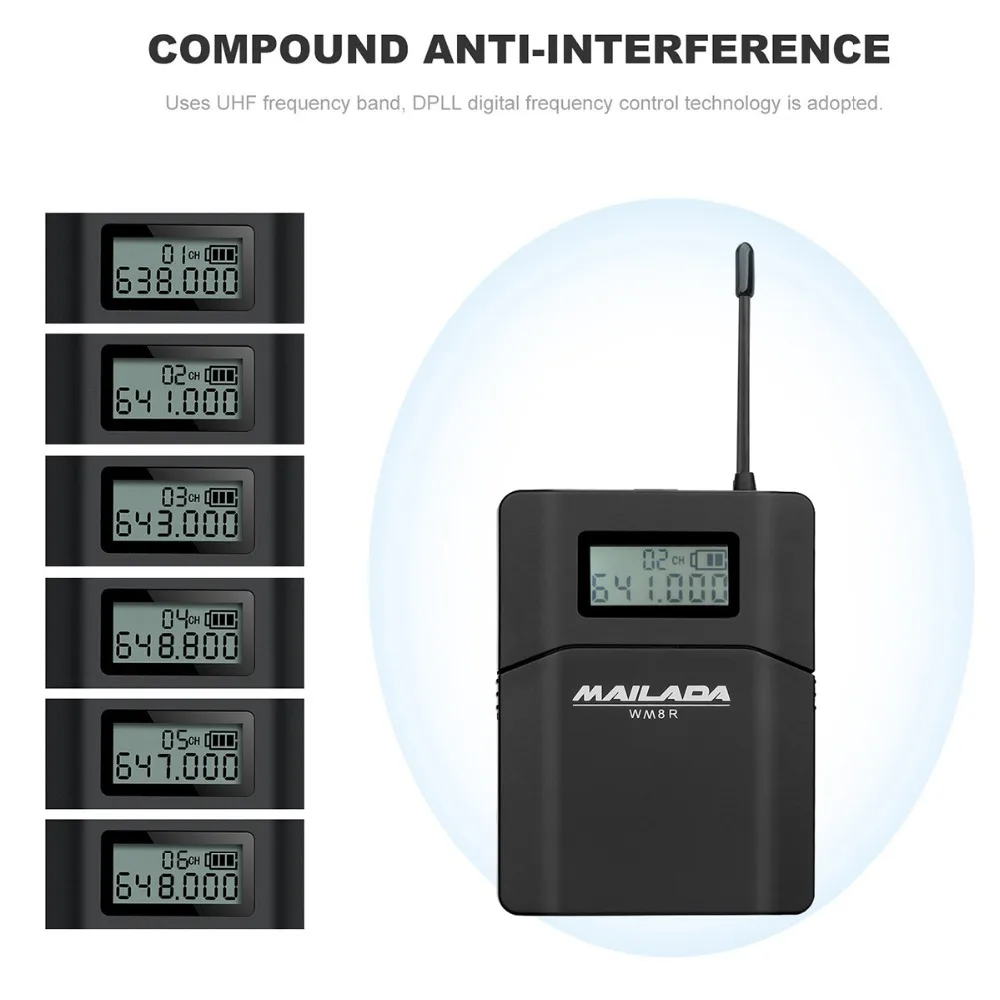 WM8 Professional UHF Wireless Microphone System Lavalier Lapel Mic Receiver + Transmitter for Camera Recorder DSLR Phone