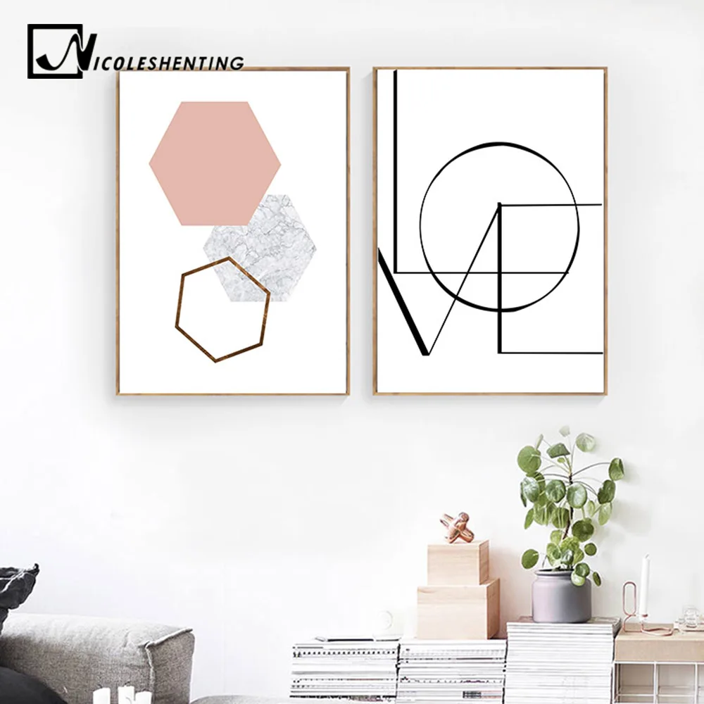 LOVE Wall Art Холст плакат и печать Шестигранная графическая Абстрактная живопись Минималистичная Скандинавская декоративная картина Современный домашний декор