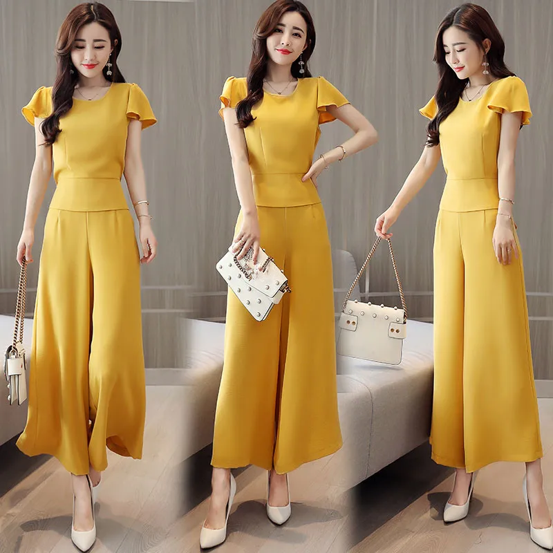 

2019 Summer Women's Set 2 Pieces office lady Suits chiffon shirt Tops blouse+wide leg Pants trousers