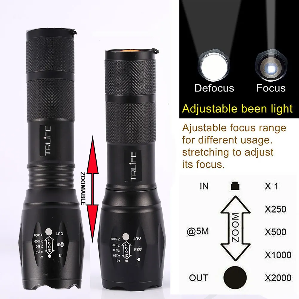 6000 Lumens Flashlight CREE XM-L T6 Torch High Power Adjustable LED Flashlight +DC/Car Charger+18650 Battery+Holster Holder