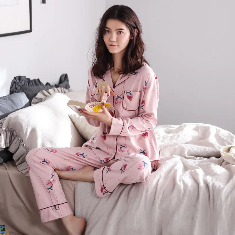 

2018 Women Pyjama Set Long Sleeved Autumn Home Furnishing Serve Suit Pure Cotton Pijamas Full Pant Printed Casual M-XXL Nightgt