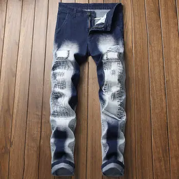 

Men Stretch Jeans Bleached Retro Casual Floral Men Denim Jeans Slim Straight Vintage Male Jeans Washed Fashion Distressed