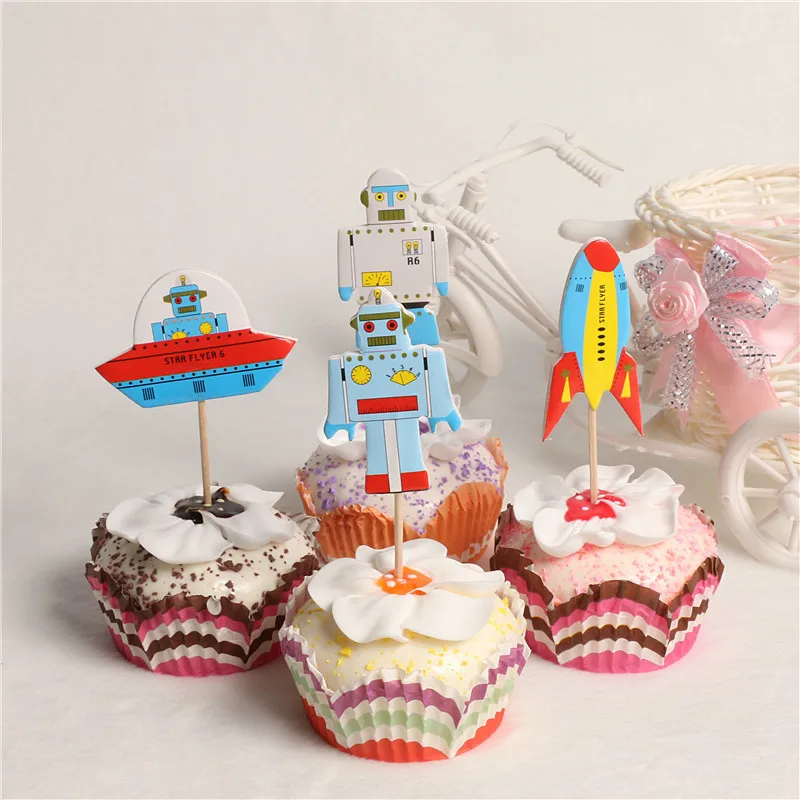 

24pcs Robot Space Rocket Spaceship Astronaut Cupcake Topper pick Party Supplies Kids Birthday boy Baby shower Cake Decoration