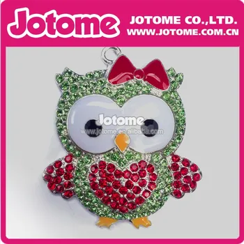

45mm New Hot Slae Cute Chunky Owl Shaped Red & Green Rhinestone Christmas Pendant for Holiday