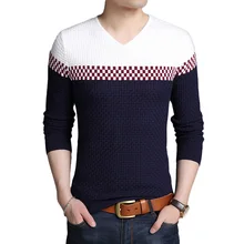 Осень Зима теплые шерстяные свитера повседневные хитовые Цветные Лоскутные пуловеры с v-образным вырезом мужской брендовый приталенный хлопковый свитер