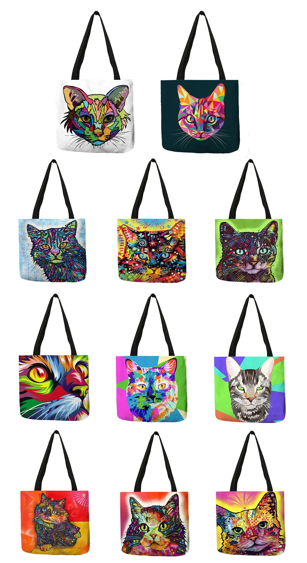 women's business bags Colorful Cat Oil Painting Tote Bag With Customized Print Women Fashion Linen Handbags Reusable Shopping Bags Traveling School genuine leather crossbody bags