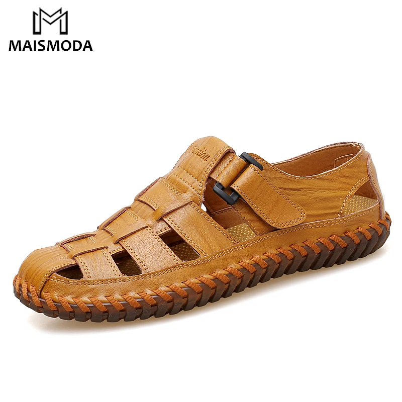 

MAISMODA Men Cow Leather Sandals Outdoor 2018 Summer Beach Handmade Shoes Anti-slip Soft Slippers Outdoor Flats Big Size 38-47