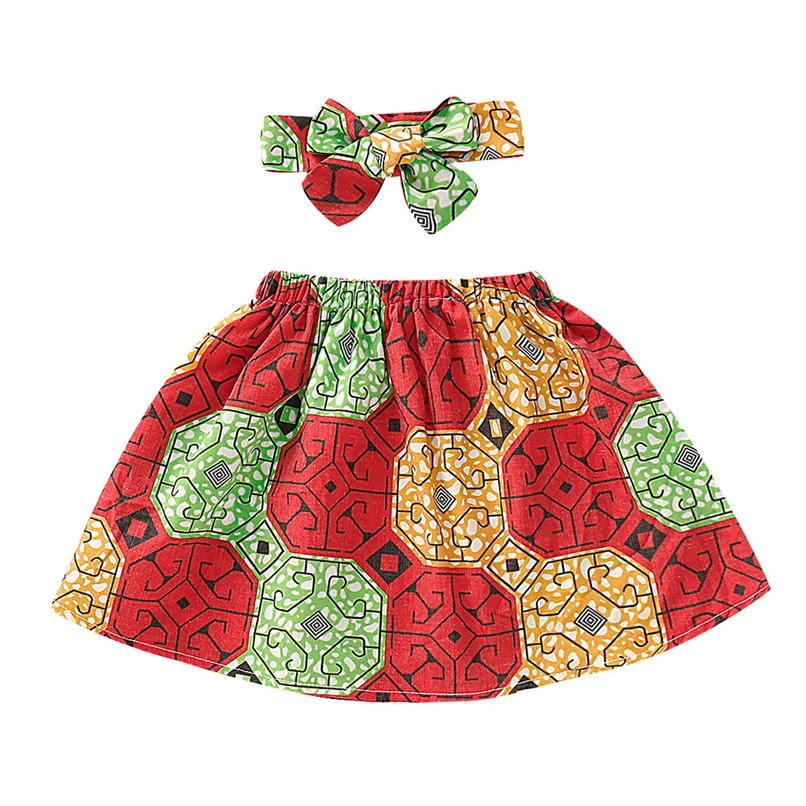 Toddler Kids Baby Girls Cotton African Skirt Headband Dashiki Print Clothing Set