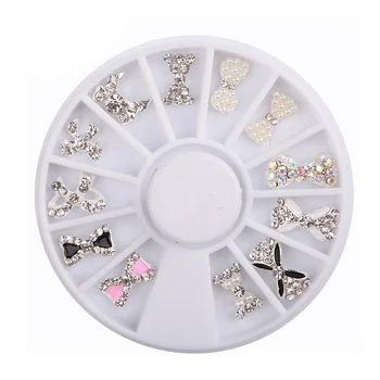 Tanie 12 Sztuk/pudło Zdobienie Paznokci Dekoracje Wzory Glitters Bowknot Tipsy Koła 3D Bow Shine Rhinestone