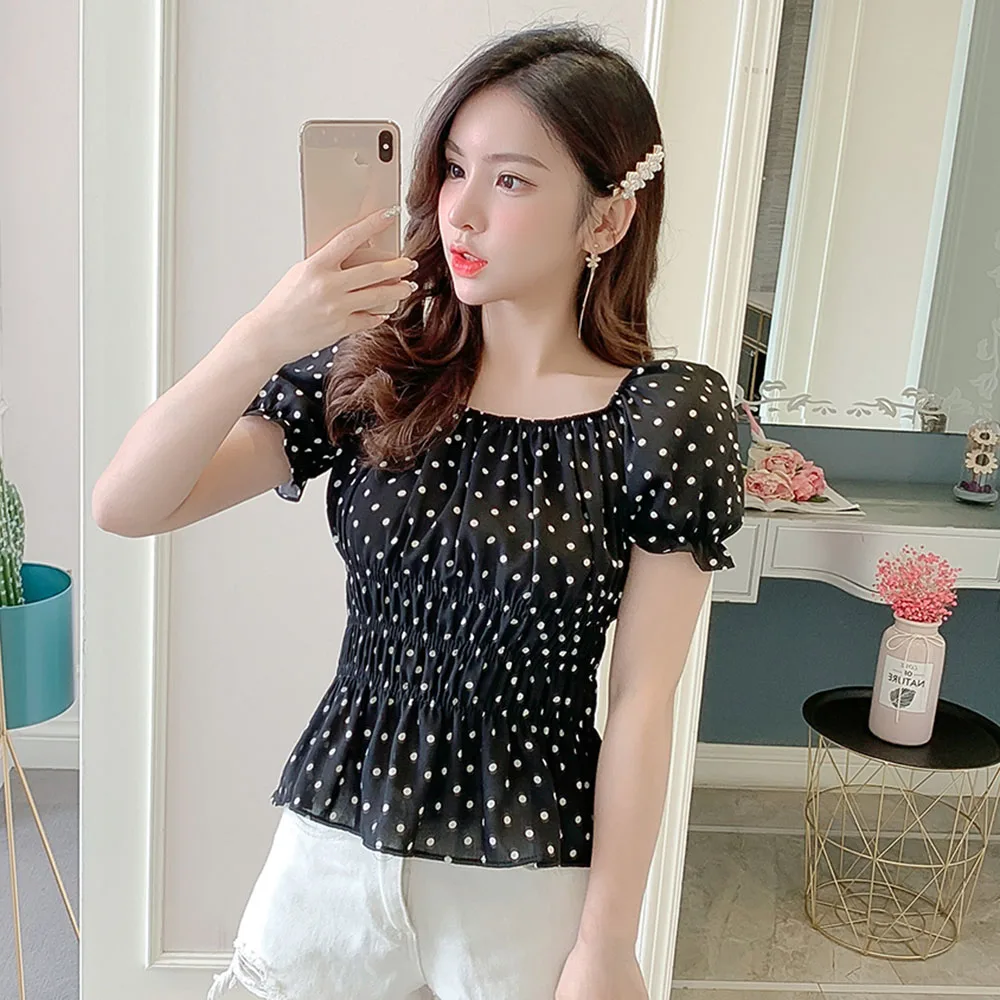 

Sisjuly vintage women shirts summer pleated backless polka dots short sleeve fashion cute female vintage shirts new 2019