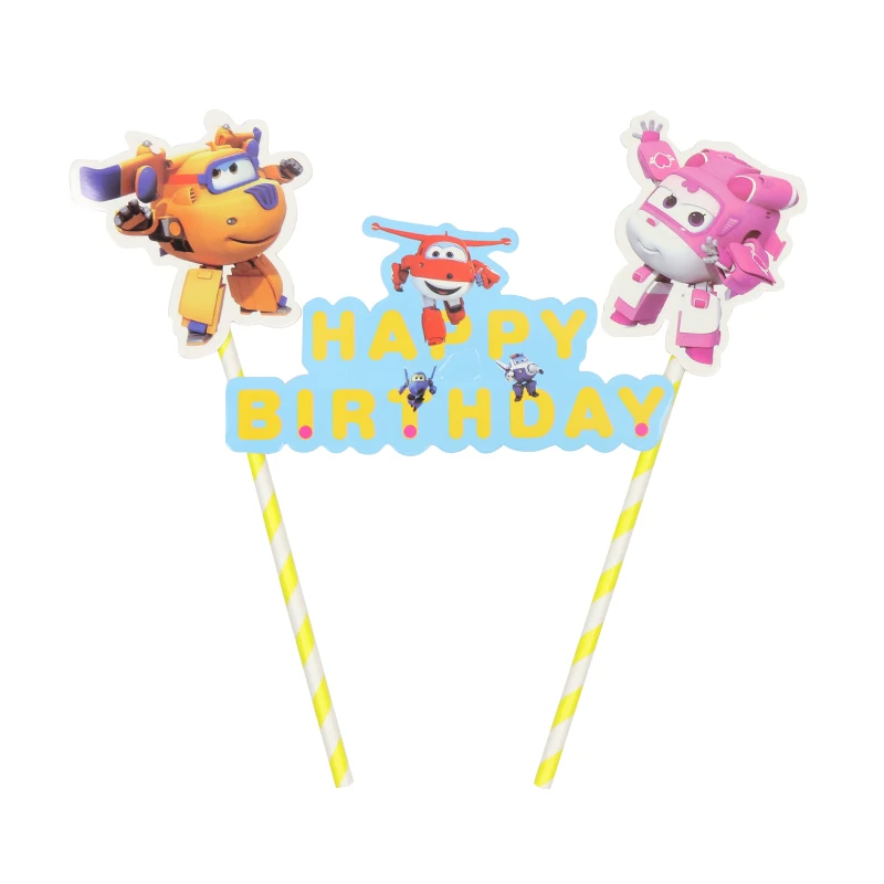 1set Super Wings Paper Straw Cupcake Topper Flags Cartoon