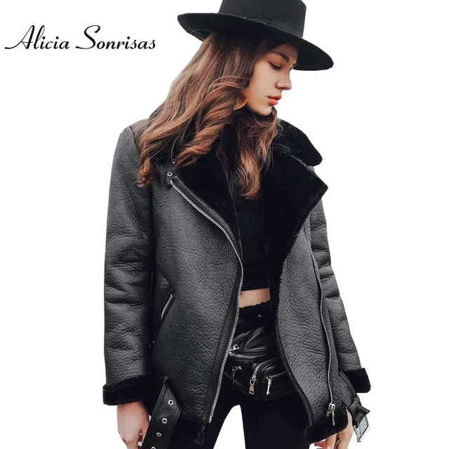 US $51.06 Women Fur Coat Winter Leather Jacket Women Black Lamb Fur Short Motorcycle Faux Sheepskin Shearling