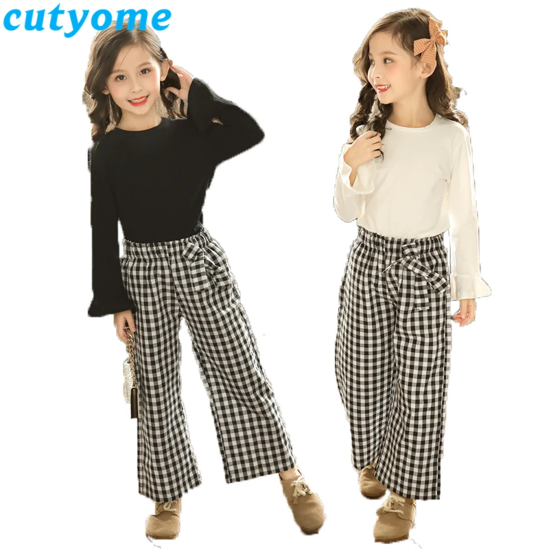 

2019 Spring Toddler Kids Big Girls Clothing Set Ruffles Long Sleeve T Shirt+Plaid Wide Leg Pants Teenage Girl Clothes 9 12 13 14