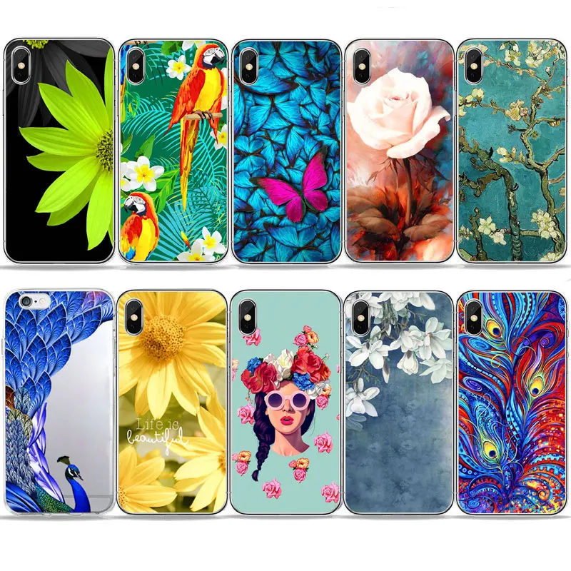 

Vintage floral parrot Fall butterfly chrysanthemum phone Case For iPhone 7 5S SE 6s 8 plus TPU Silicone cover For iPhone X Case