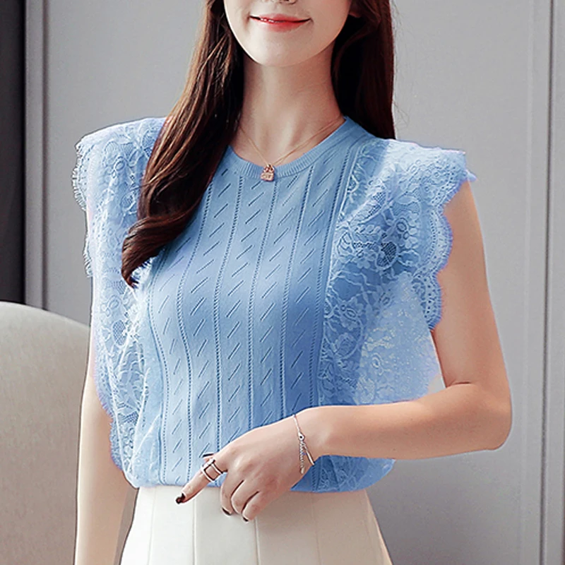 

Women Tops 2019 Summer New Knitted Lace sleeveless Blouses Shirts Hollow Out Female Elegant Flower Knitted Women blouses 838E3