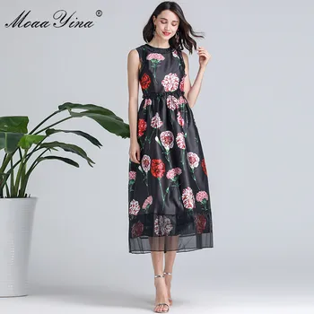 

MoaaYina Fashion Designer Runway dress Spring Summer Women Dress Vacation Elegant Slim Floral-Print Black Dresses