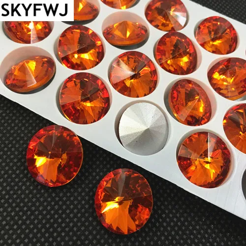 

Orange red Color 6,8,10,12,14,16,18mm RIVOLI CRYSTAL POINTED BACK Rhinestones Round Glass Stone for Dress Making