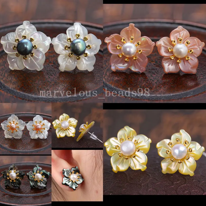 

Free shipping Fashion Jewelry 16mm White Black Yellow Pink Mother of pearl Flower Art Women Men Stud Earrings WB593