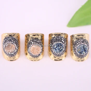 

5Pcs Pave Rhinestone Titanium Drusy Natural Crystal Gold Color Rings for Women