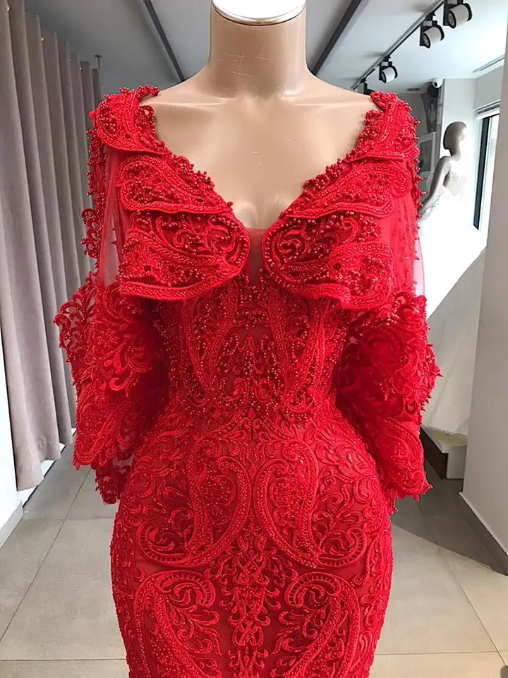 Vestidos de gala 2019 Эротическое с бисером с v-образным вырезом для выпускного платья Длинные Красные кружевные длинный рукав аппликация Русалка