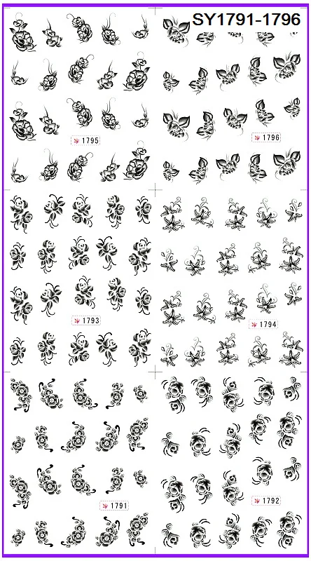 

6 PACK/ LOT  GLITTER WATER DECAL NAIL ART NAIL STICKER BLACK FLOWER AZALEA  CAMELLIA  SY1791-1796
