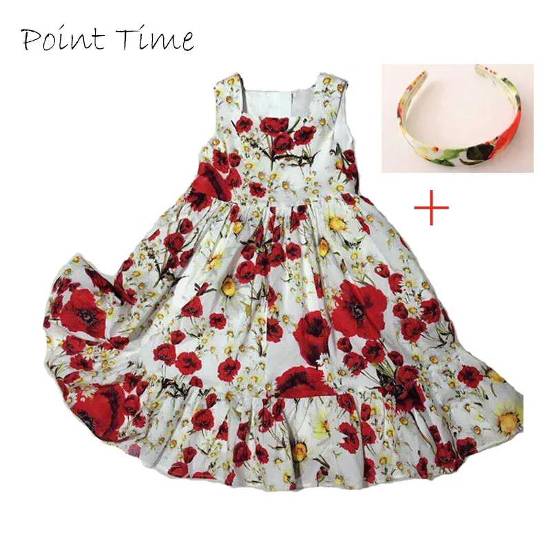 Хлопковое платье без рукавов для девочек, костюмы принцессы, Брендовое детское платье, повязка на голову, одежда для девочек, детское летнее платье с цветочным принтом