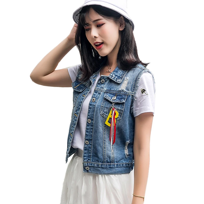2018 Casual Frayed Denim Vest Women Summer Plus Size Waistcoat Hole