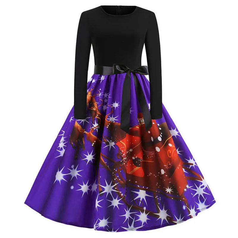 Винтажное рождественское платье с принтом, женское модное зимнее вечернее платье с длинным рукавом размера плюс, элегантное свободное облегающее платье, Femme Vestidos - Цвет: WQ1139 010