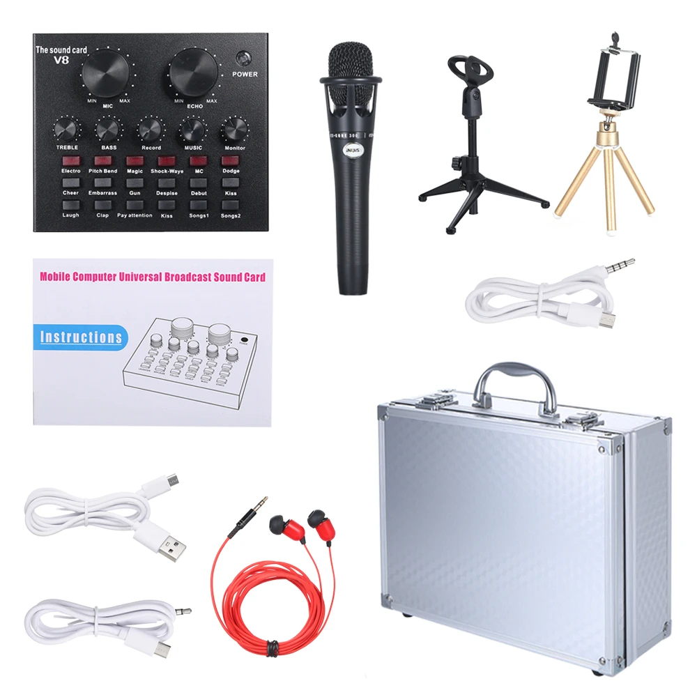 

V8 Multifunctional Live Sound Card Intelligent Volume Adjustable Audio Mixer Sound Card Computer PC Live Sound with Microphone