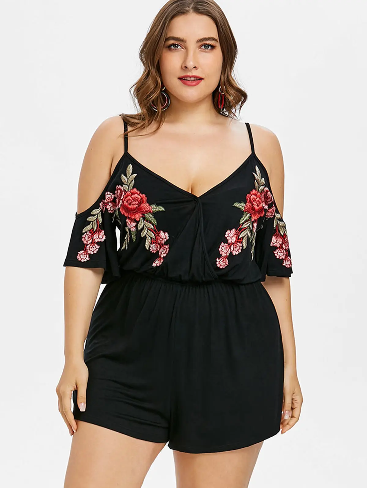 Wipalo Plus Size 5XL Embroidery Cold Shoulder Slip Romper