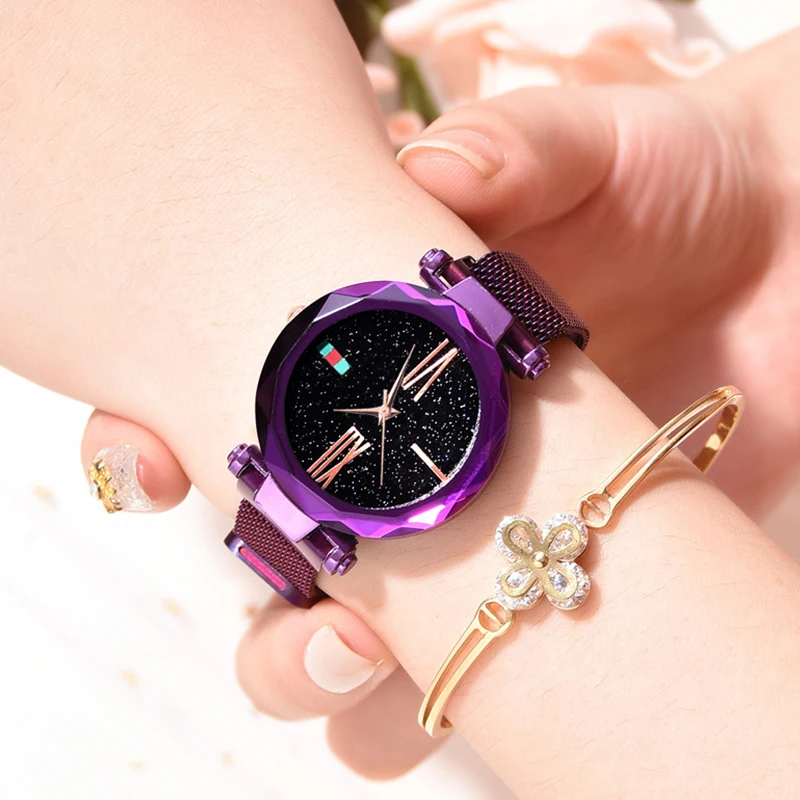 

Best Selling Women Mesh Magnet Buckle Starry Sky, Casual Luxury Watch Women Geometric Surface Quartz Watches Female Clock