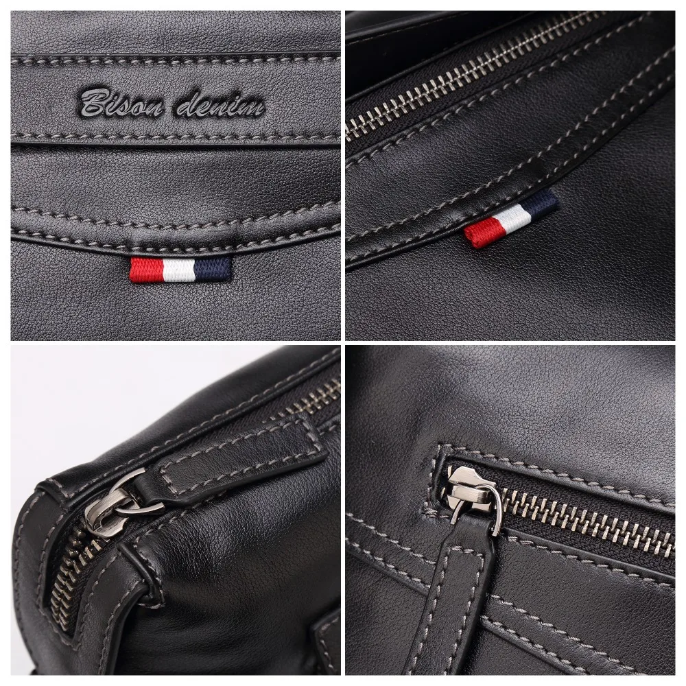 Мужская классическая сумка BISON DENIM черная деловая через плечо из натуральной кожи