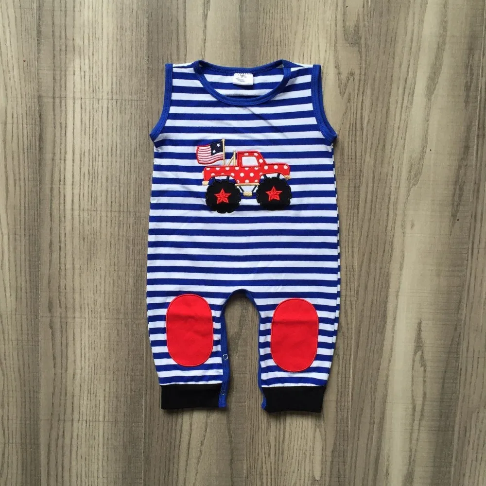 

new summer baby boys Independence Day july 4th navy red stripe truck national flag cotton sleeveless romper toddler jumpsuit