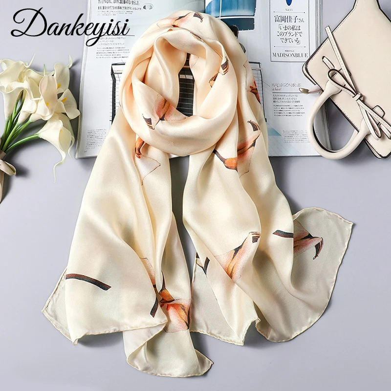 

DANKEYISI Women Long Silk Scarf Female Shawl Women High Quality 100% Pure Silk Scarfs Wraps Lady Foulard Hijab Scarves