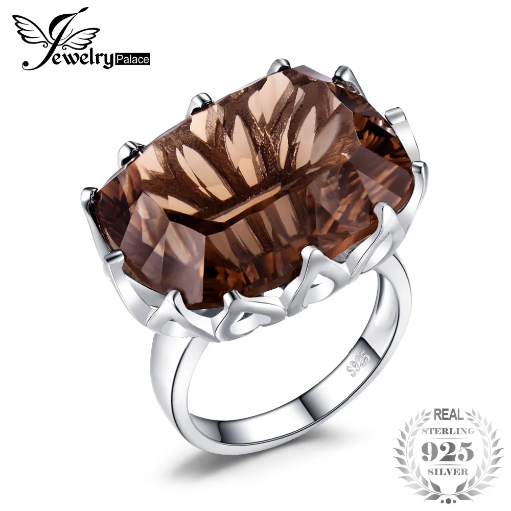 JewelryPalace Huge Unique Concave 20ct Smoky Quartzs Ring For Women Solid 925 Sterling Silver Jewelry For Women Nice Gift