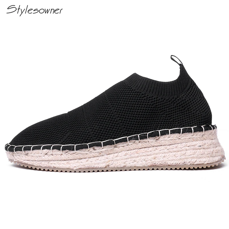 

Stylesowner New Arrival Elastic Knitting Casual Shoes Women Slip On Platform Espadrilles Sewing Straw Weaving Brand Design Shoes