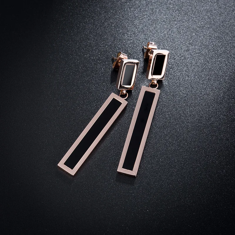 

Titanium Steel Geometric Rectangular Long Earrings For Women Fashion Rose Gold Color Dangle Engagement Earrings Brincos RN01341