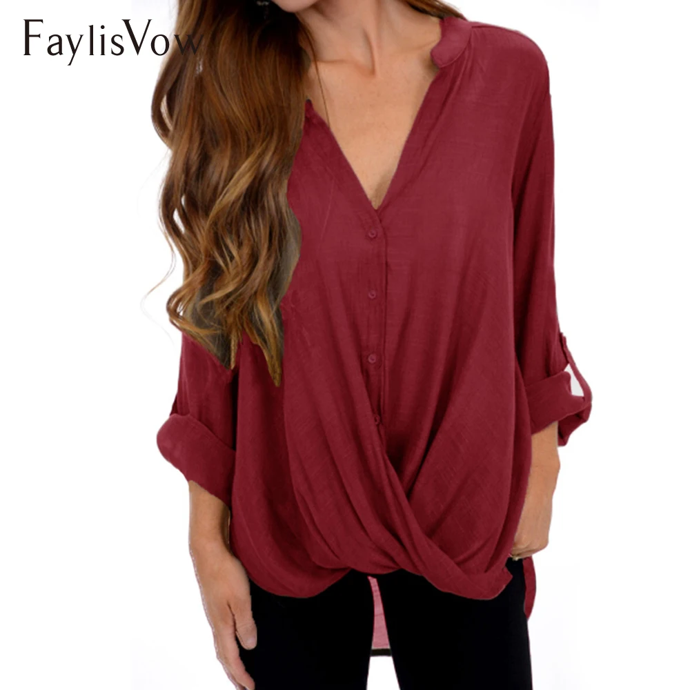 

Faylisvow Plus Size Tops Women Casual Loose V Neck Buttons Long Sleeve Shirt Kaftan 2018 Autumn Femme Irregular Blouses 5xl