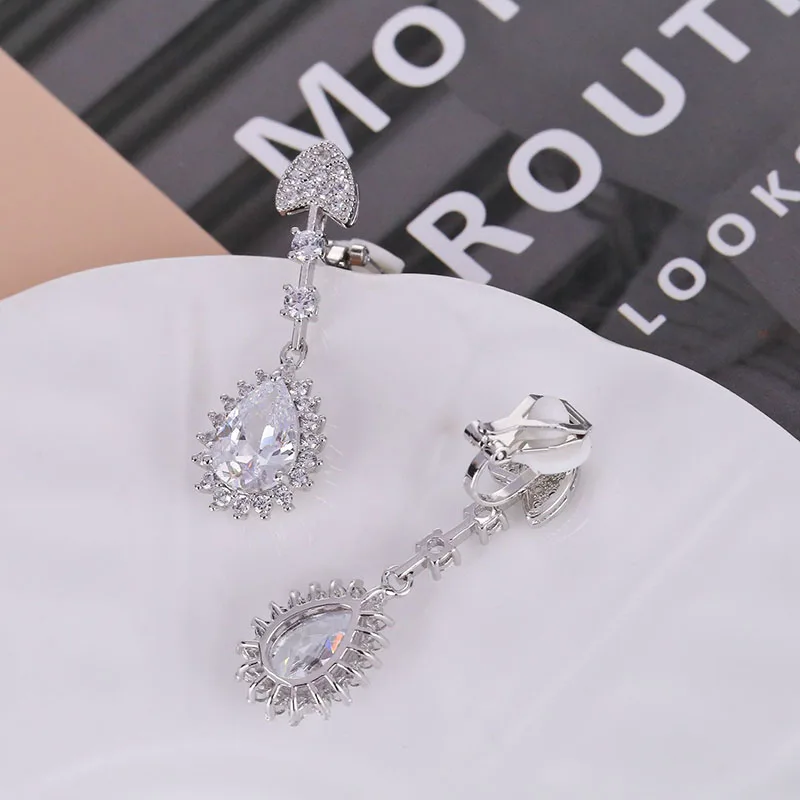 Silver Color Dangle Drop CZ Zirconia Women Long Clip On