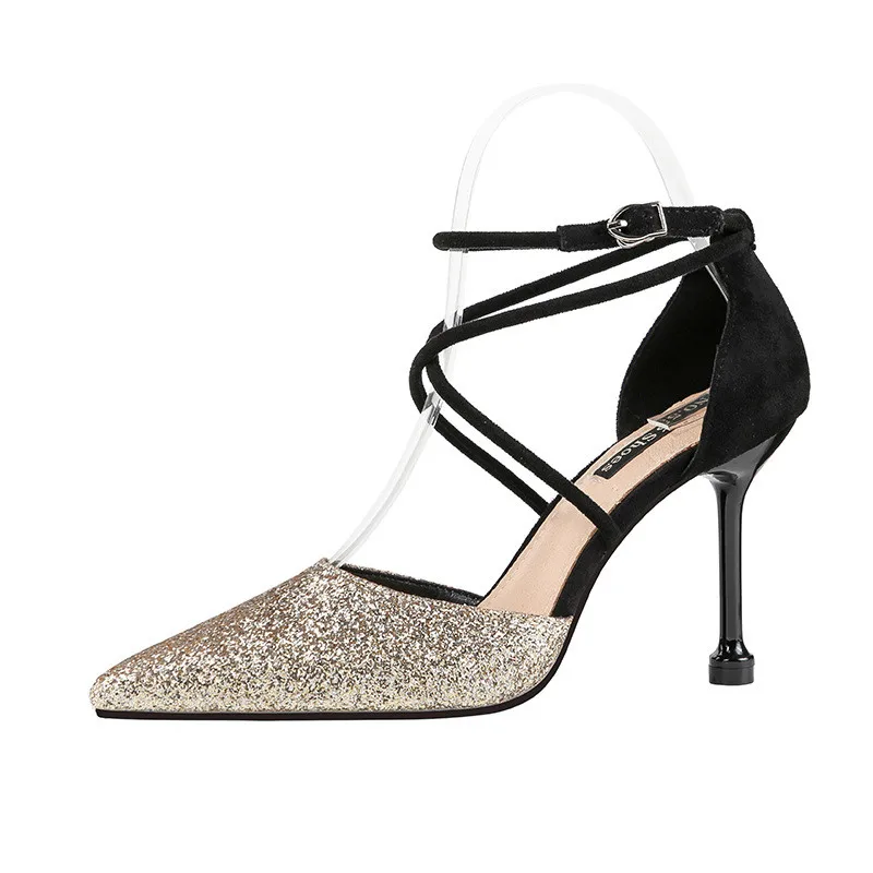 

2019 spring and autumn pointed color matching high heel sequins with a word with women's shoes gold 0524